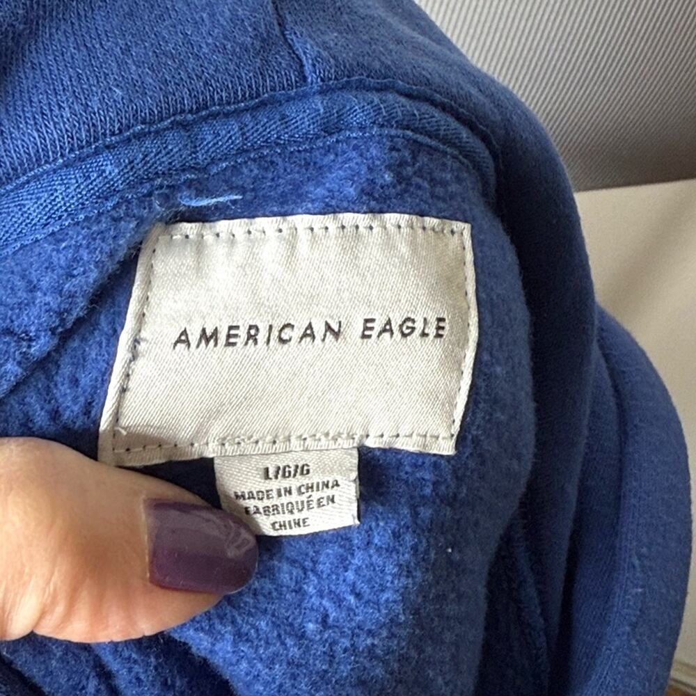 American Eagle Blue Varsity Hoodie with Striped Sleeves - Picture 4 of 7